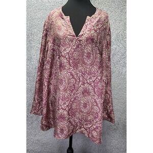 Lane Bryant Sz 18/20 100% Silk Tunic Top Blouse Rose Floral V Neck Boho Artsy